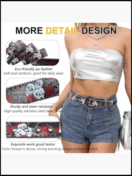 Skull Rhinestone Belt Western Punk Goth Emo Sequin Cowboy Belt main image 5
